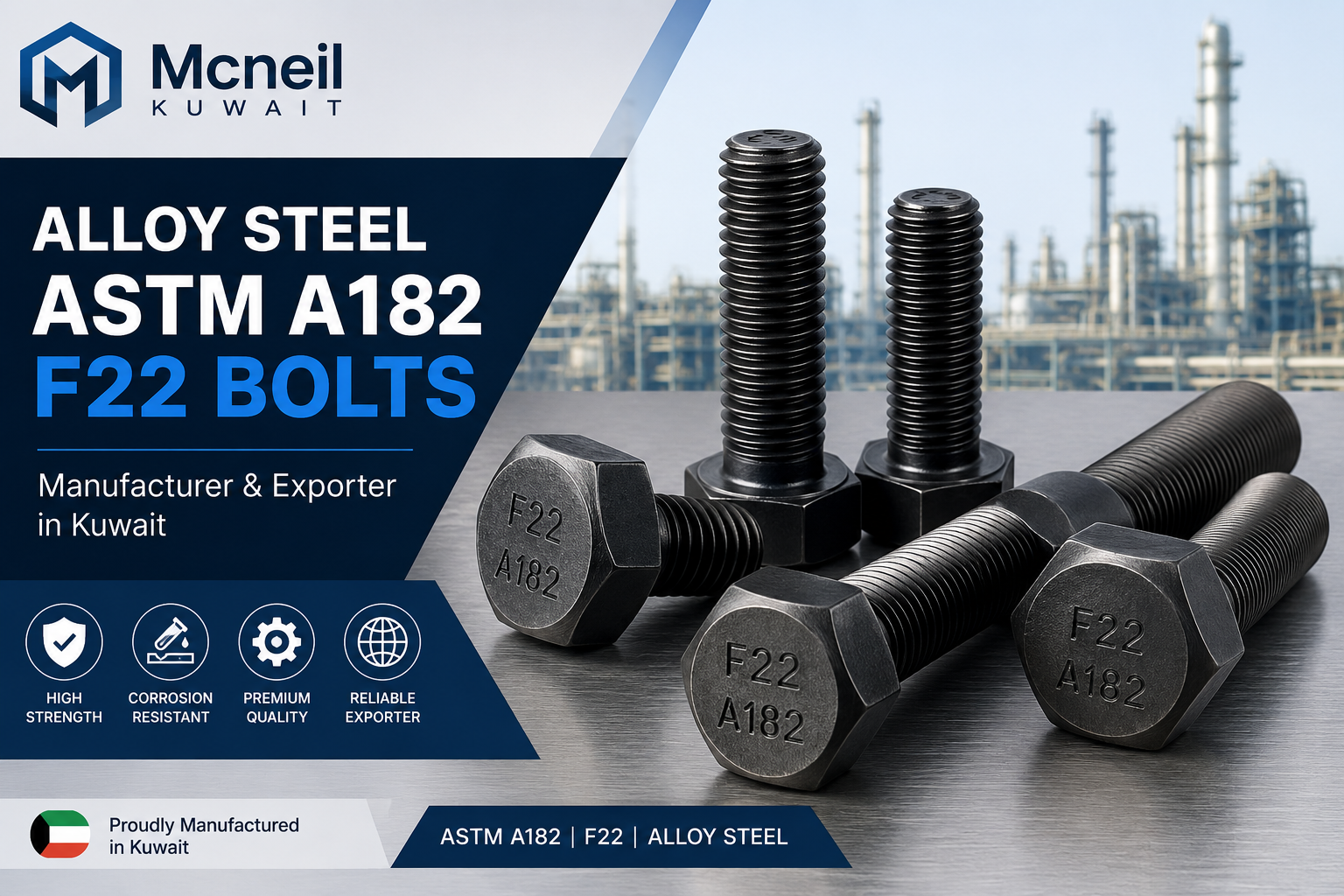 Alloy Steel ASTM A182 F22 Bolts Manufacturer, Exporter in Kuwait